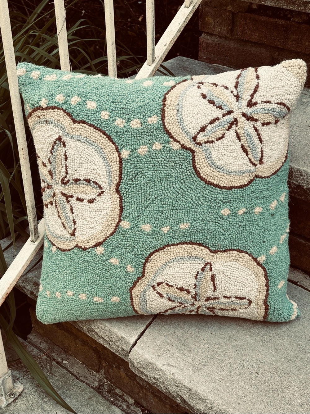 Susan Winget Aqua and Cream Hooked Wool Sand Dollar Decorative Pillow